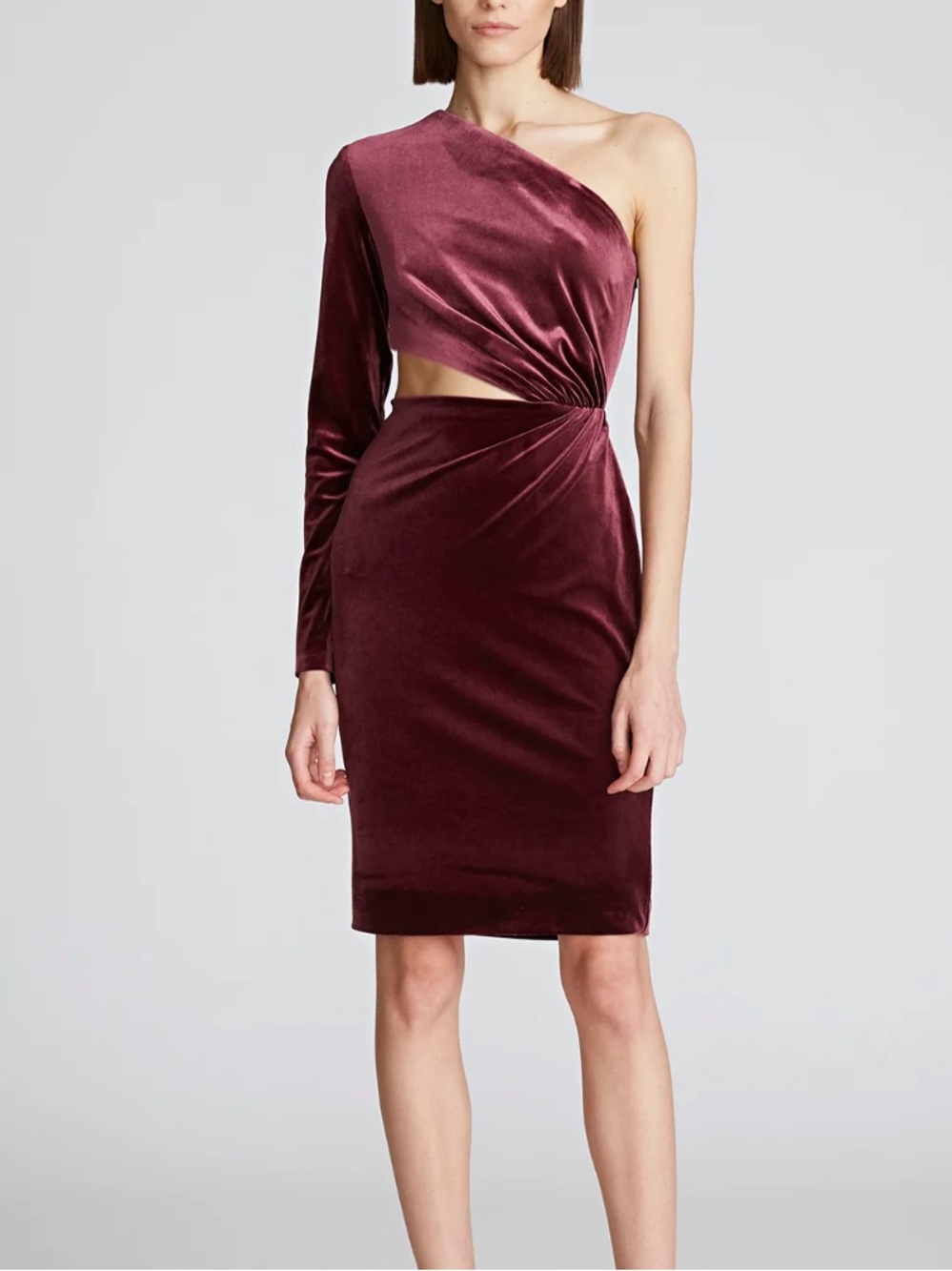 Halston NWT Amara one shoulder merlot cut out velvet sheath dress SZ 8